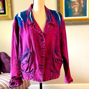 Vintage acid wash cardinal red/ fuchsia pink jean jacket.